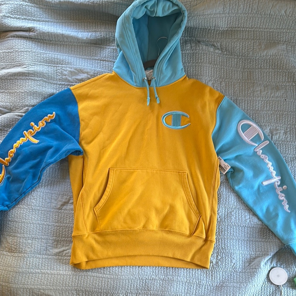 Champion Men's Yellow and Blue Hoodie Sweater